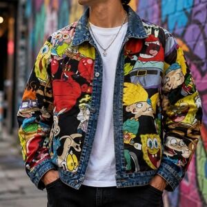 Members Only Reversible Denim Jacket Cartoon Print Vintage Style Mens Large